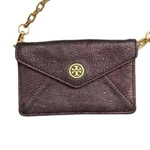 Tory Burch purple metallic textured leather mini envelope crossbody bag